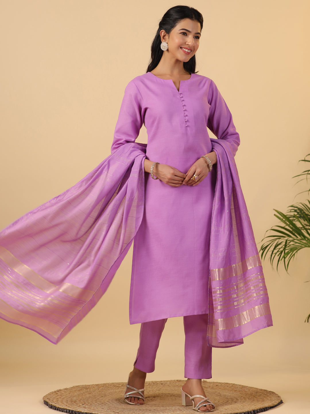 Janasya Regular Magics Slub Lavender Solid Notch Neck Kurta,Bottom & Dupatta - Distacart