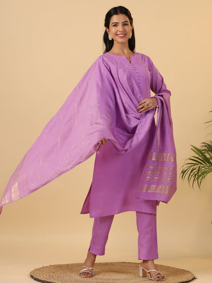 Janasya Regular Magics Slub Lavender Solid Notch Neck Kurta,Bottom & Dupatta - Distacart