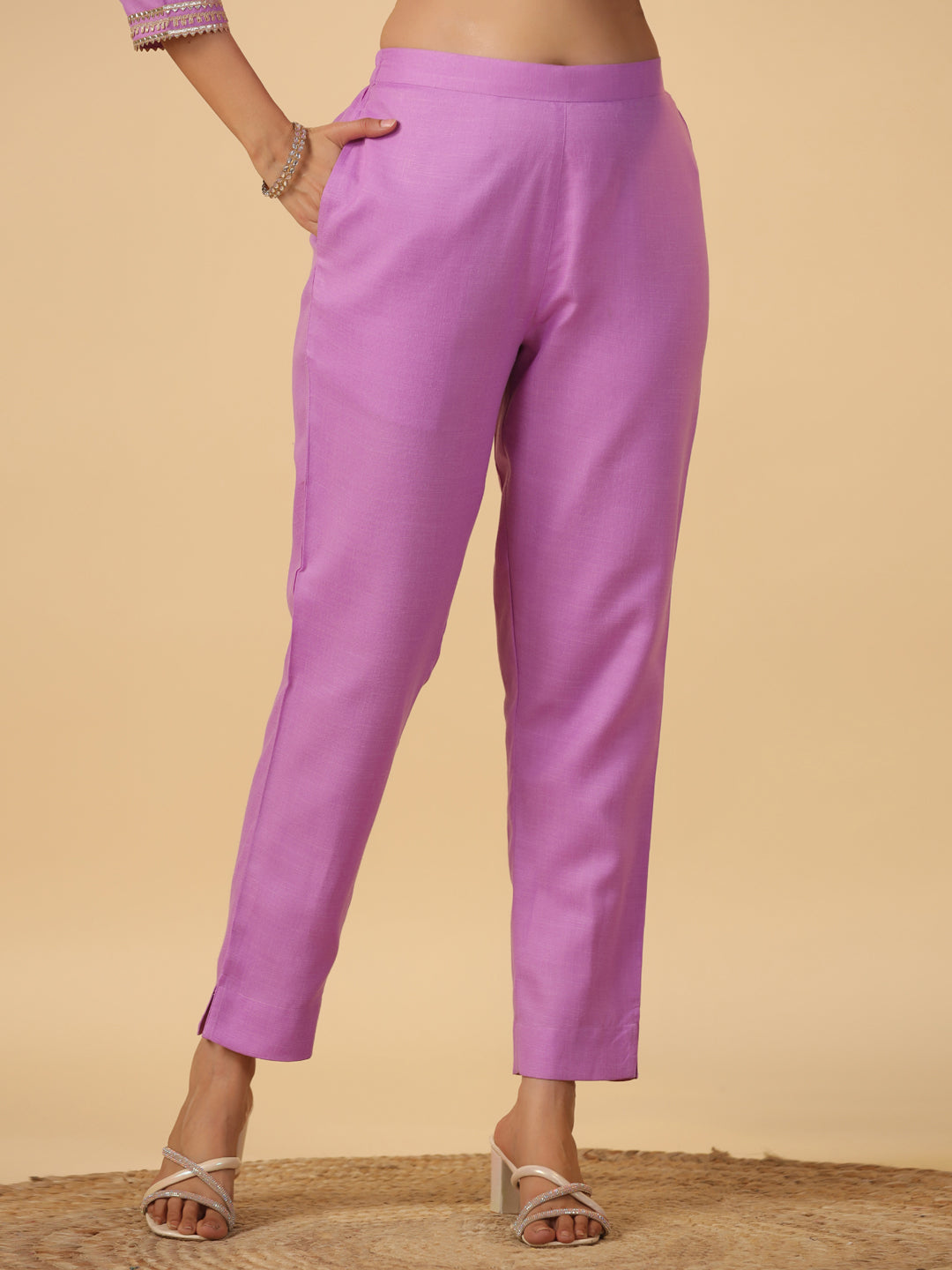 Janasya Regular Magics Slub Lavender Solid Notch Neck Kurta,Bottom & Dupatta - Distacart