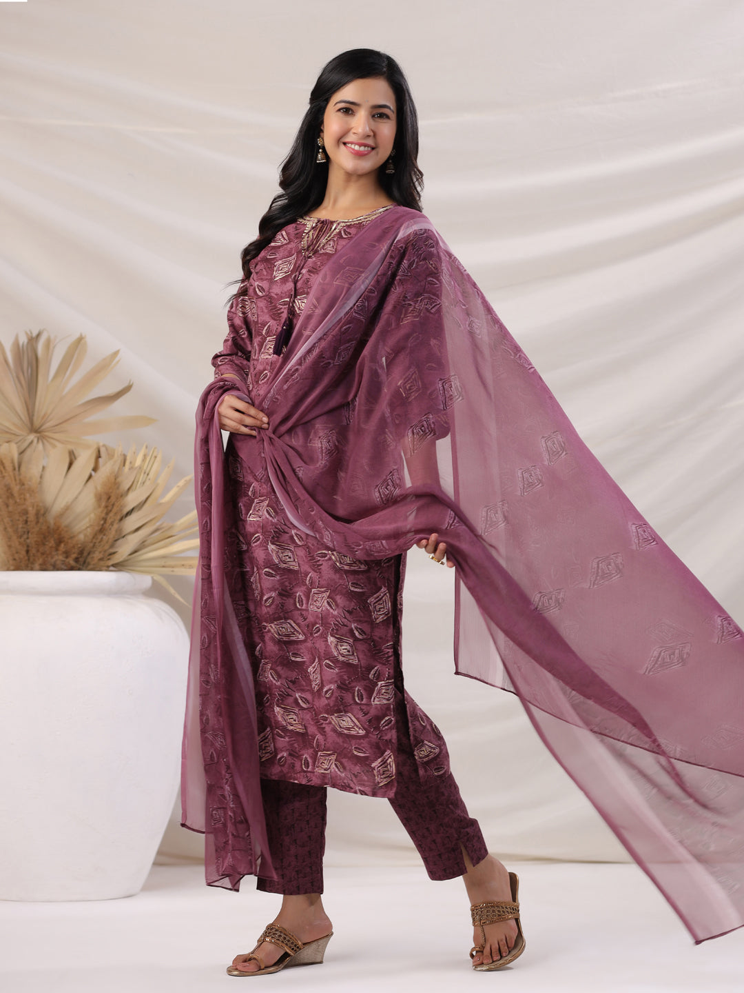Janasya Regular Biscuit Slub Violet Abstract Tie-Up Neck Kurta,Bottom & Dupatta - Distacart