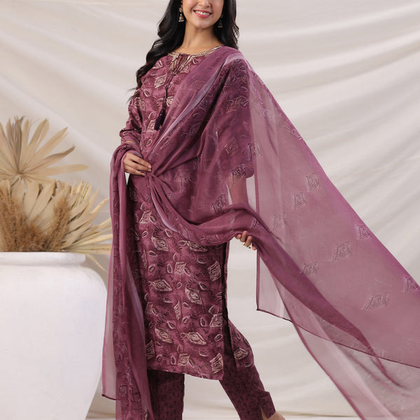 Janasya Regular Biscuit Slub Violet Abstract Tie-Up Neck Kurta,Bottom & Dupatta - Distacart