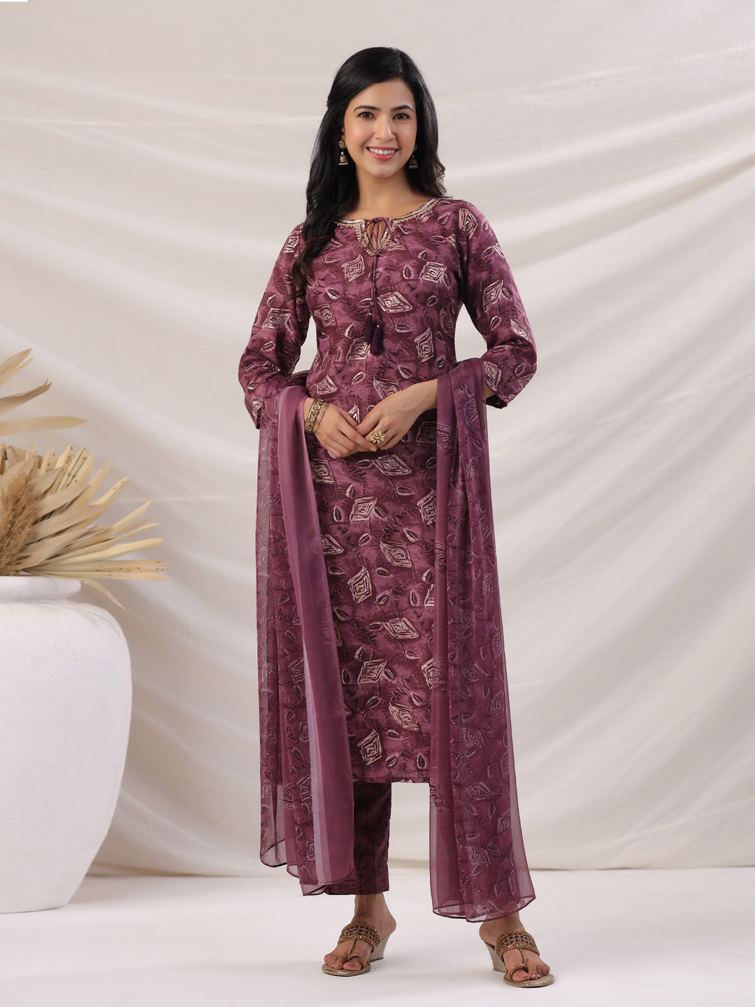 Janasya Regular Biscuit Slub Violet Abstract Tie-Up Neck Kurta,Bottom & Dupatta - Distacart