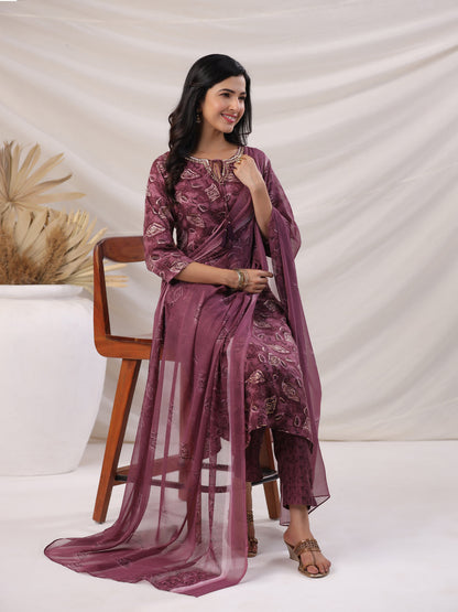 Janasya Regular Biscuit Slub Violet Abstract Tie-Up Neck Kurta,Bottom & Dupatta - Distacart