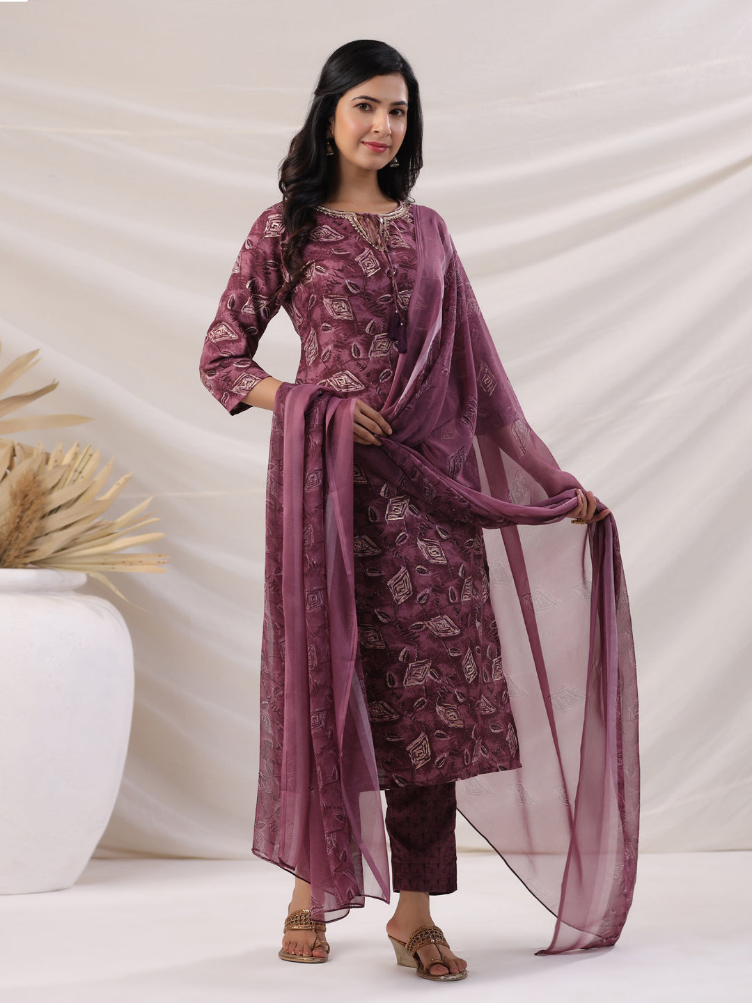 Janasya Regular Biscuit Slub Violet Abstract Tie-Up Neck Kurta,Bottom & Dupatta - Distacart
