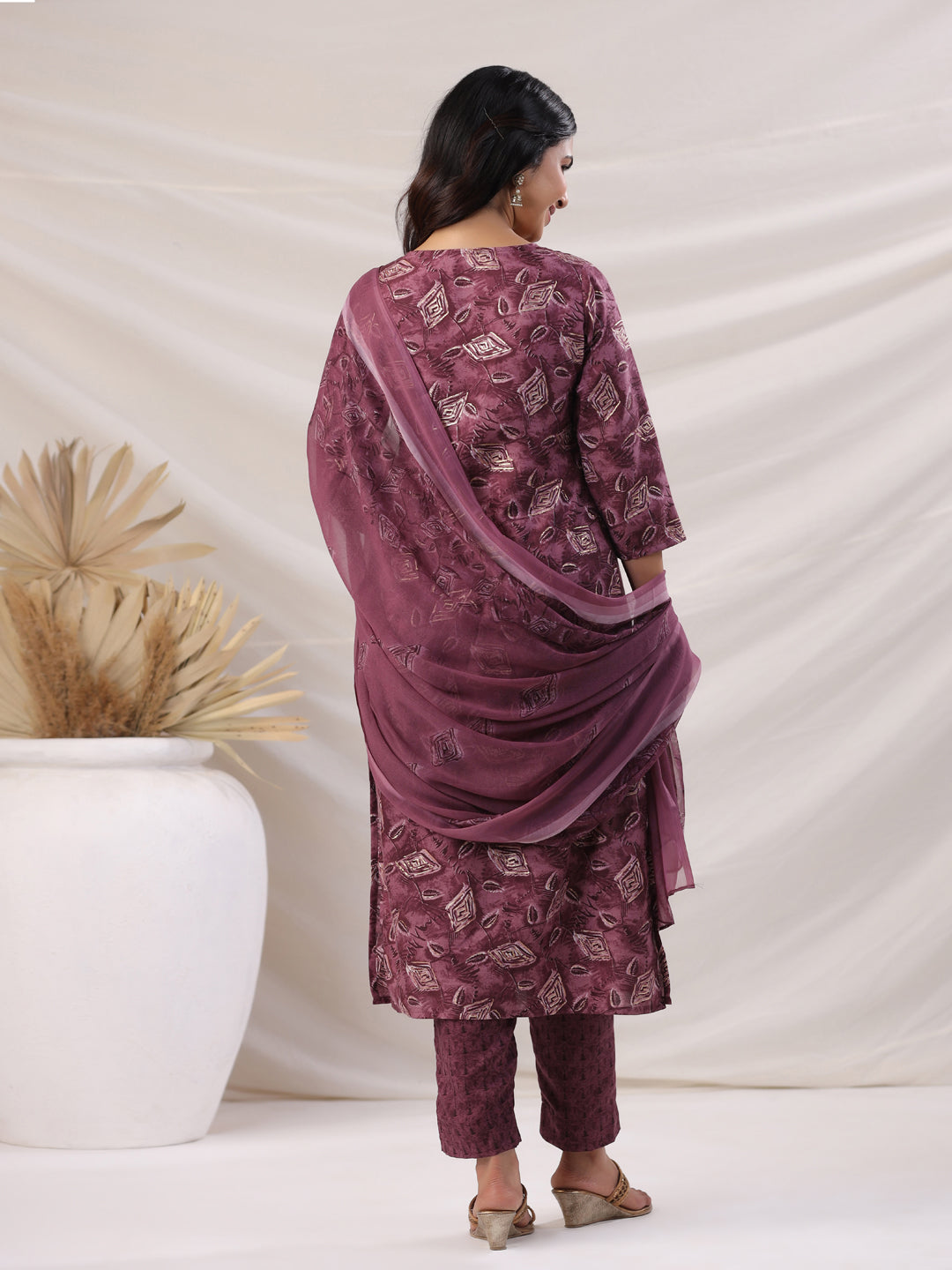 Janasya Regular Biscuit Slub Violet Abstract Tie-Up Neck Kurta,Bottom & Dupatta - Distacart