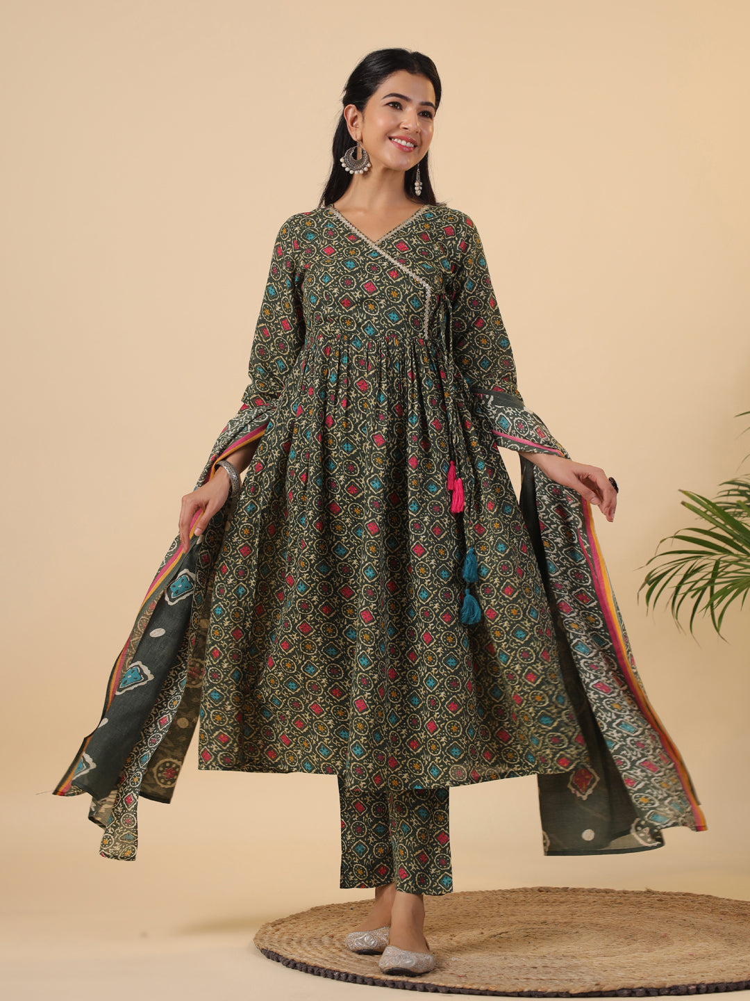 Janasya Angrakha Poly Cotton Green Gemometric V-Neck Kurta Set - Distacart