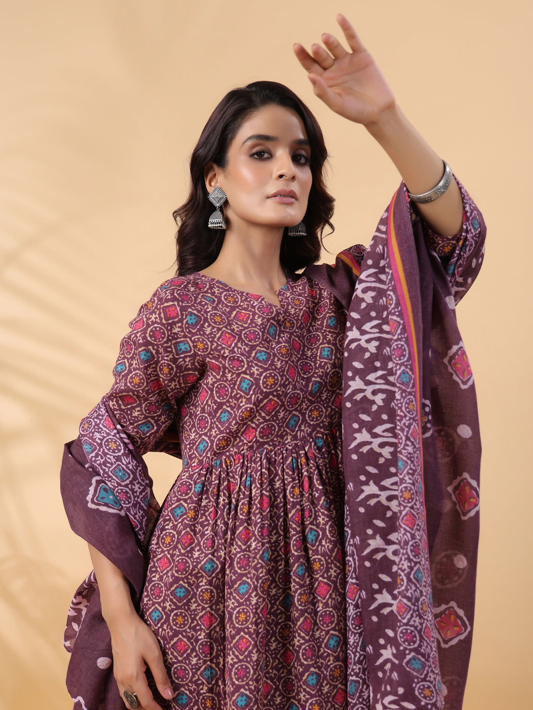 Janasya A-Line Cotton Blend Wine Abstract Round Neck Kurta,Bottom & Dupatta - Distacart