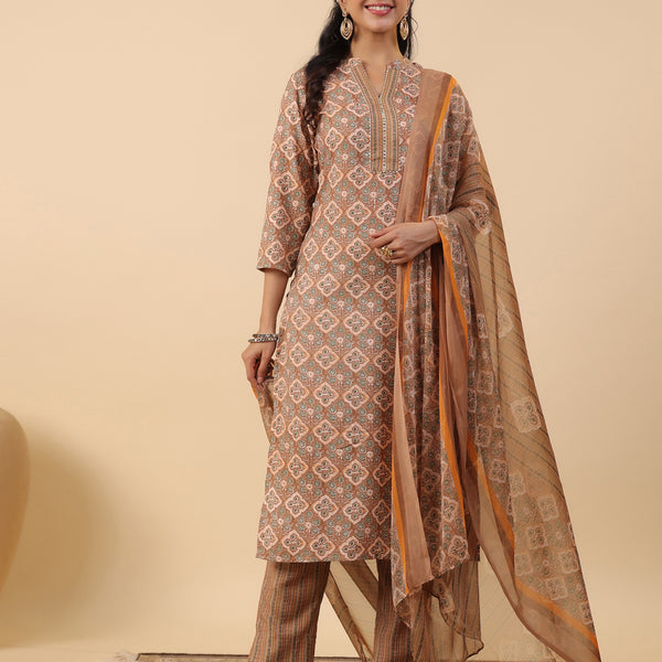 Janasya Straight Biscuit Slub Brown Ethnic Motifs Band Collar Kurta,Bottom & Dupatta - Distacart