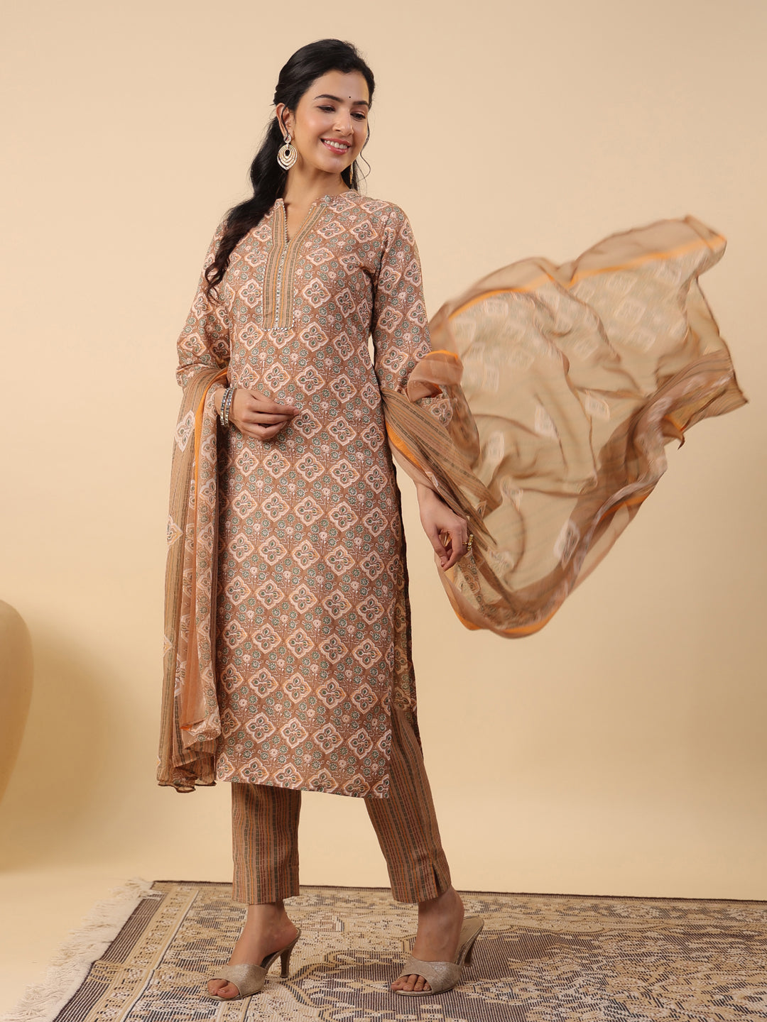 Janasya Straight Biscuit Slub Brown Ethnic Motifs Band Collar Kurta,Bottom & Dupatta - Distacart