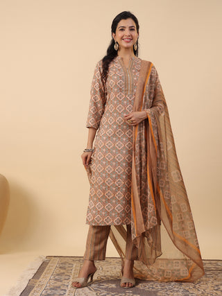 Janasya Straight Biscuit Slub Brown Ethnic Motifs Band Collar Kurta,Bottom & Dupatta - Distacart