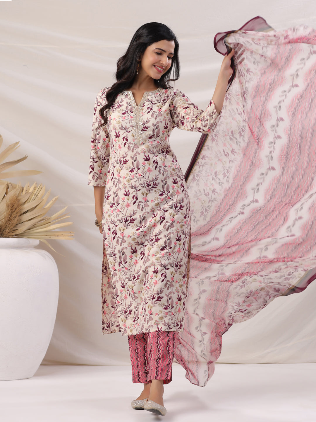 Janasya Straight Biscuit Slub Beige Floral Notch Neck Kurta,Bottom & Dupatta - Distacart