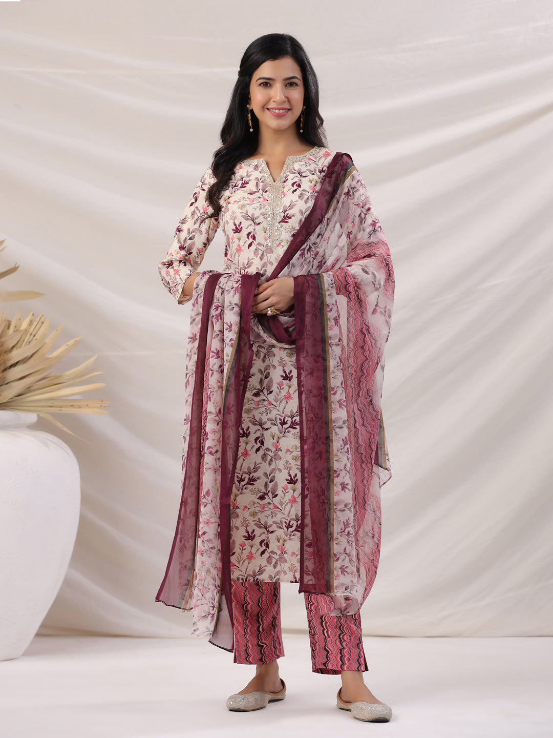 Janasya Straight Biscuit Slub Beige Floral Notch Neck Kurta,Bottom & Dupatta - Distacart
