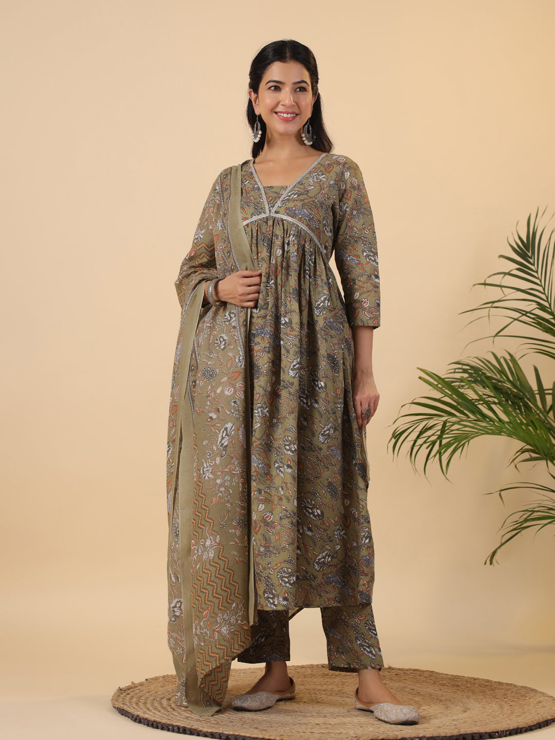 Janasya Gathered Poly Cotton Olive Floral Alia Cut Neck Kurta,Bottom & Dupatta - Distacart