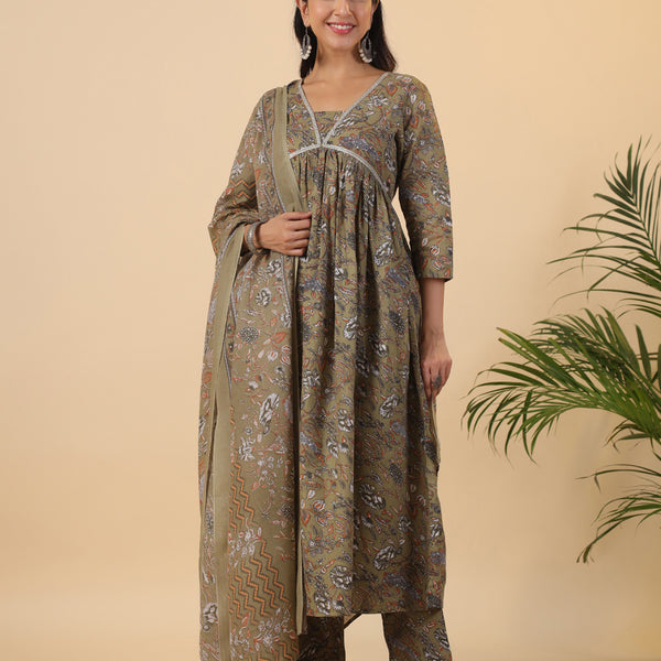 Janasya Gathered Poly Cotton Olive Floral Alia Cut Neck Kurta,Bottom & Dupatta - Distacart