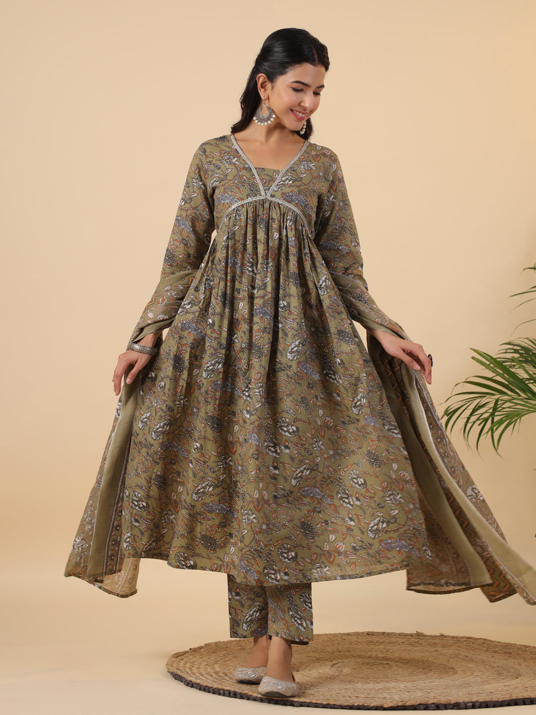 Janasya Gathered Poly Cotton Olive Floral Alia Cut Neck Kurta,Bottom & Dupatta - Distacart