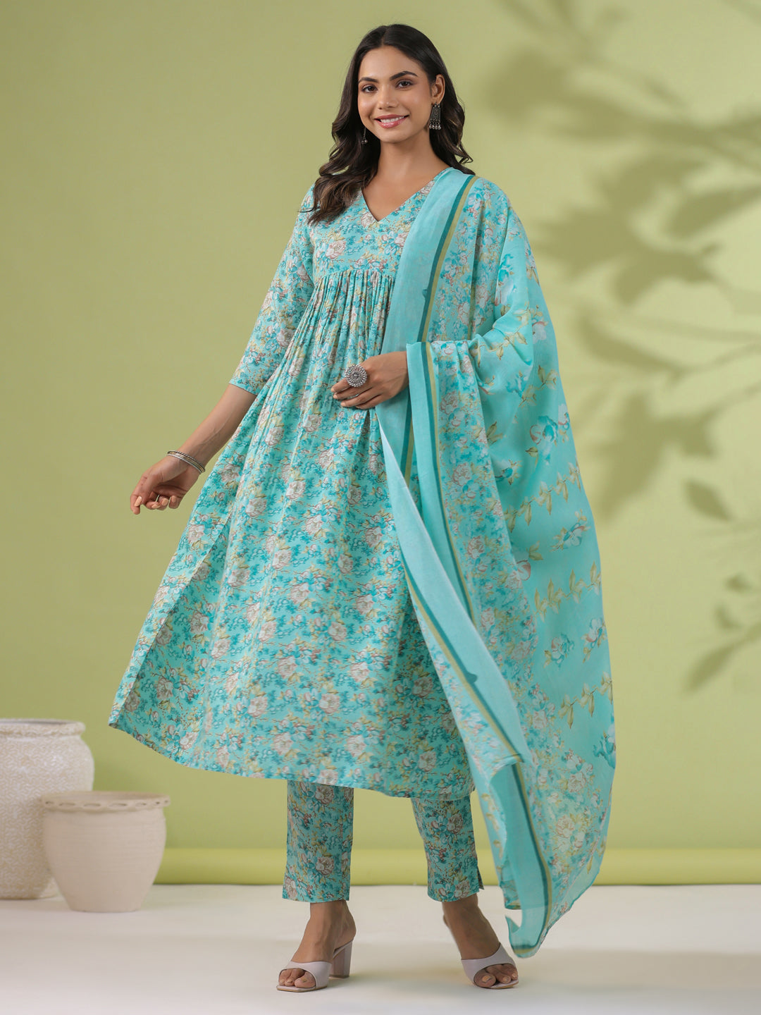 Janasya A-Line Poly Cotton Aqua Floral V-Neck Kurta,Bottom & Dupatta - Distacart
