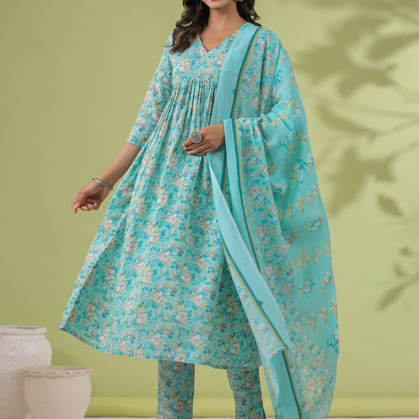 Janasya A-Line Poly Cotton Aqua Floral V-Neck Kurta,Bottom & Dupatta - Distacart