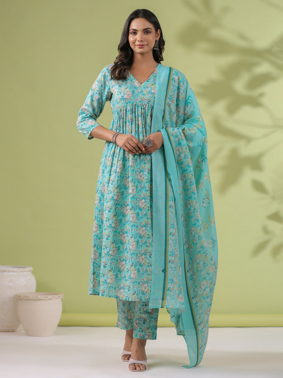 Janasya A-Line Poly Cotton Aqua Floral V-Neck Kurta,Bottom & Dupatta - Distacart