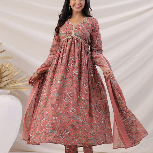 Janasya Pleated Poly Cotton Peach Floral V-Neck Kurta,Bottom & Dupatta - Distacart