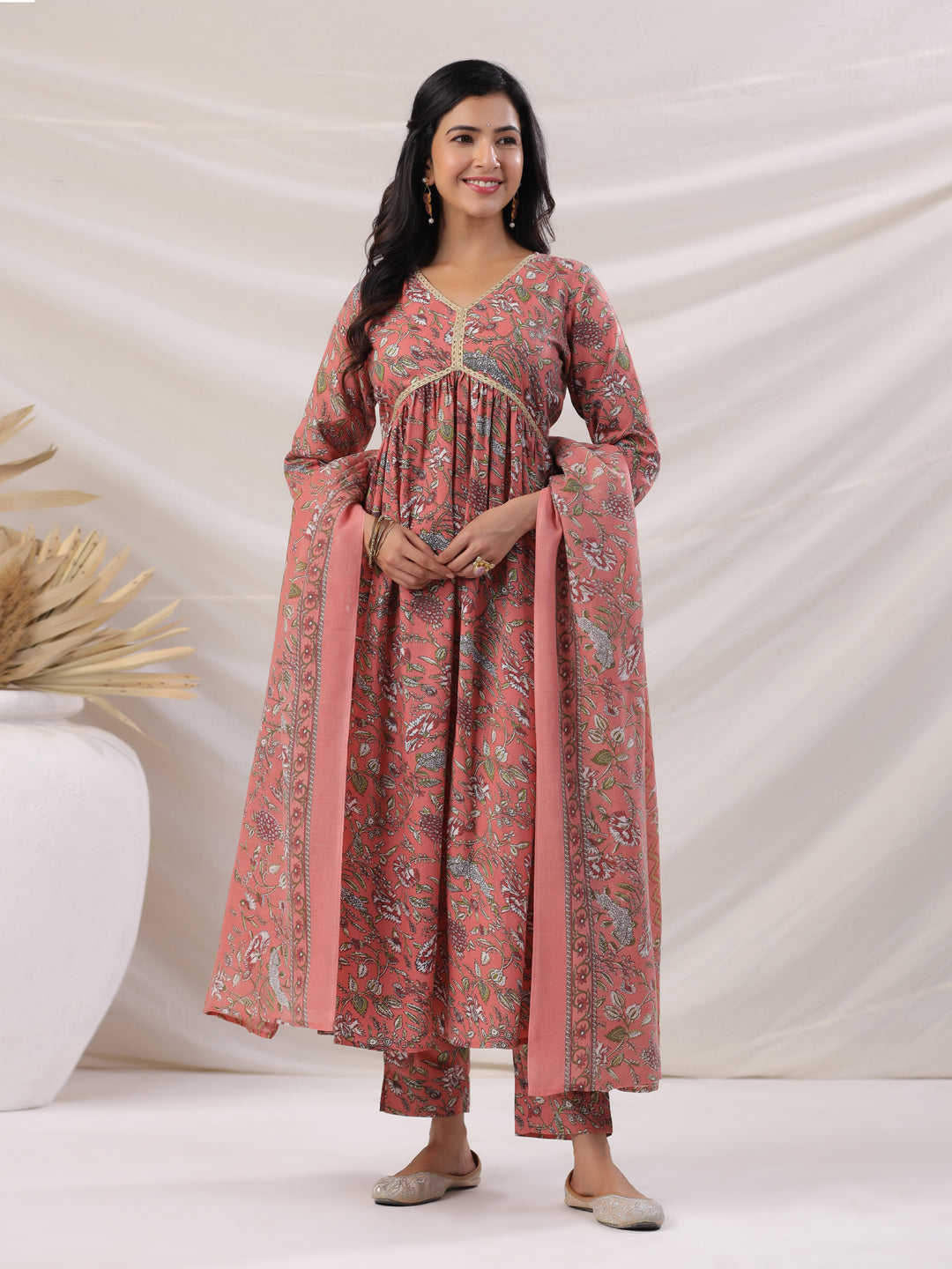 Janasya Pleated Poly Cotton Peach Floral V-Neck Kurta,Bottom & Dupatta - Distacart