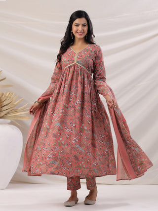 Janasya Pleated Poly Cotton Peach Floral V-Neck Kurta,Bottom & Dupatta - Distacart