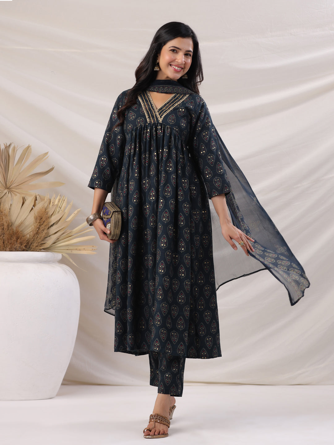 Janasya Pleated Biscuit Slub Teal Ethnic Motifs V-Neck Kurta,Bottom & Dupatta - Distacart