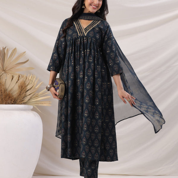 Janasya Pleated Biscuit Slub Teal Ethnic Motifs V-Neck Kurta,Bottom & Dupatta - Distacart