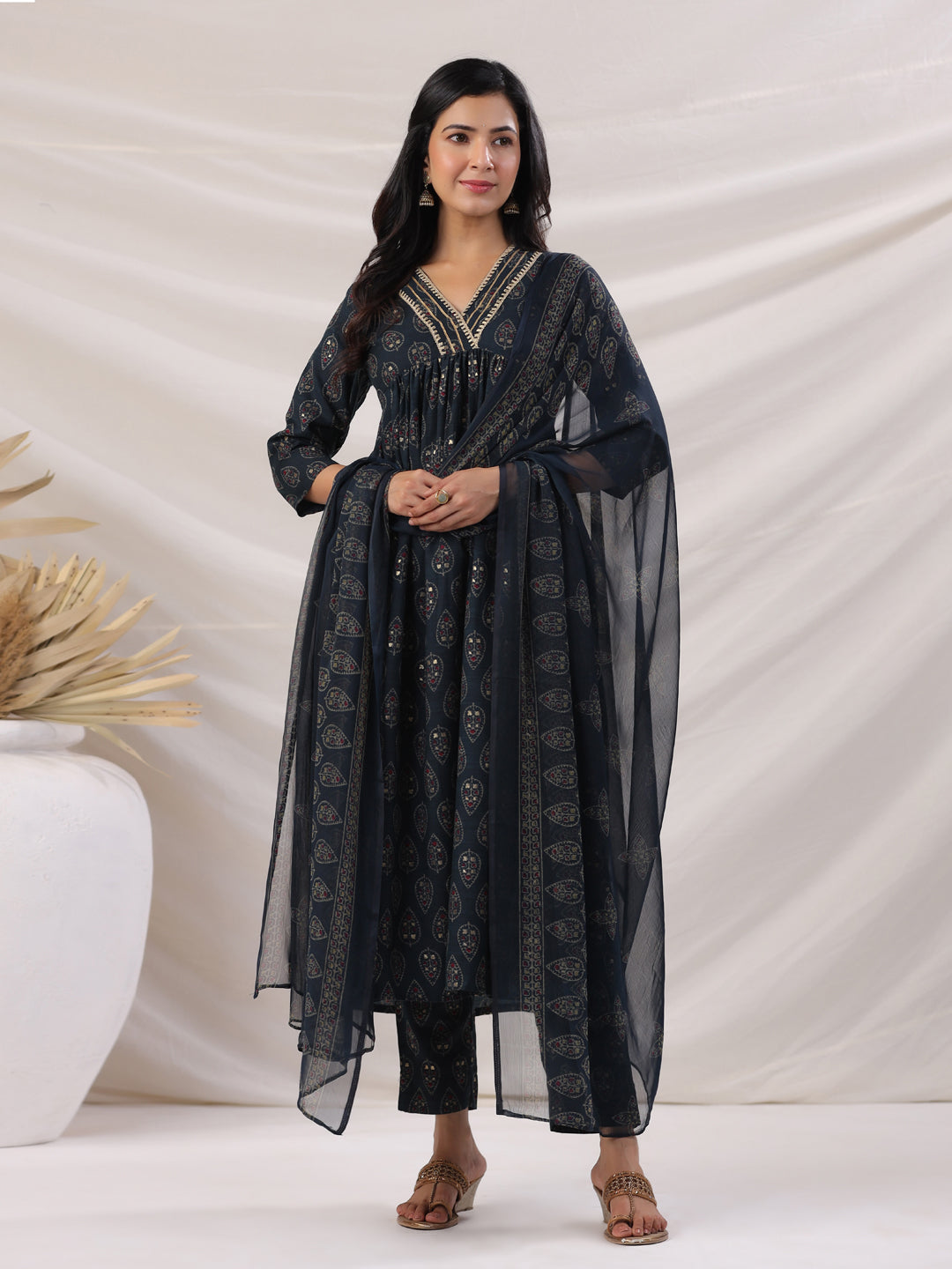 Janasya Pleated Biscuit Slub Teal Ethnic Motifs V-Neck Kurta,Bottom & Dupatta - Distacart