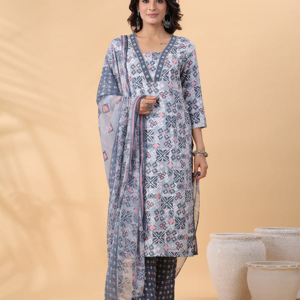 Janasya Regular Biscuit Slub Grey Gemometric Square Neck Kurta,Bottom & Dupatta - Distacart