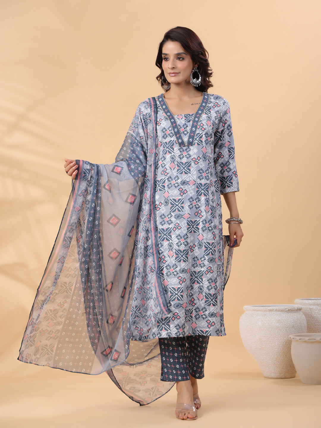 Janasya Regular Biscuit Slub Grey Gemometric Square Neck Kurta,Bottom & Dupatta - Distacart