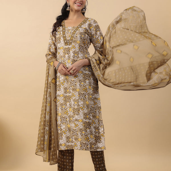 Janasya Regular Biscuit Slub Beige Gemometric Square Neck Kurta,Bottom & Dupatta - Distacart