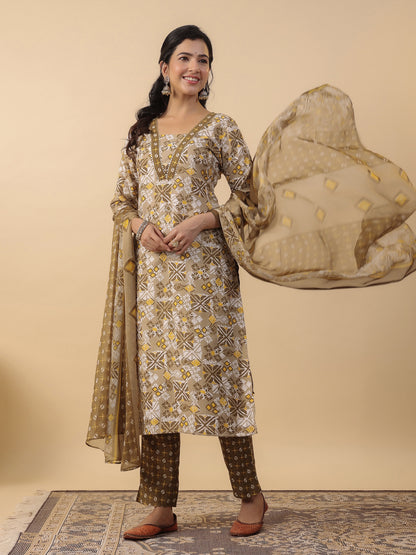Janasya Regular Biscuit Slub Beige Gemometric Square Neck Kurta,Bottom & Dupatta - Distacart