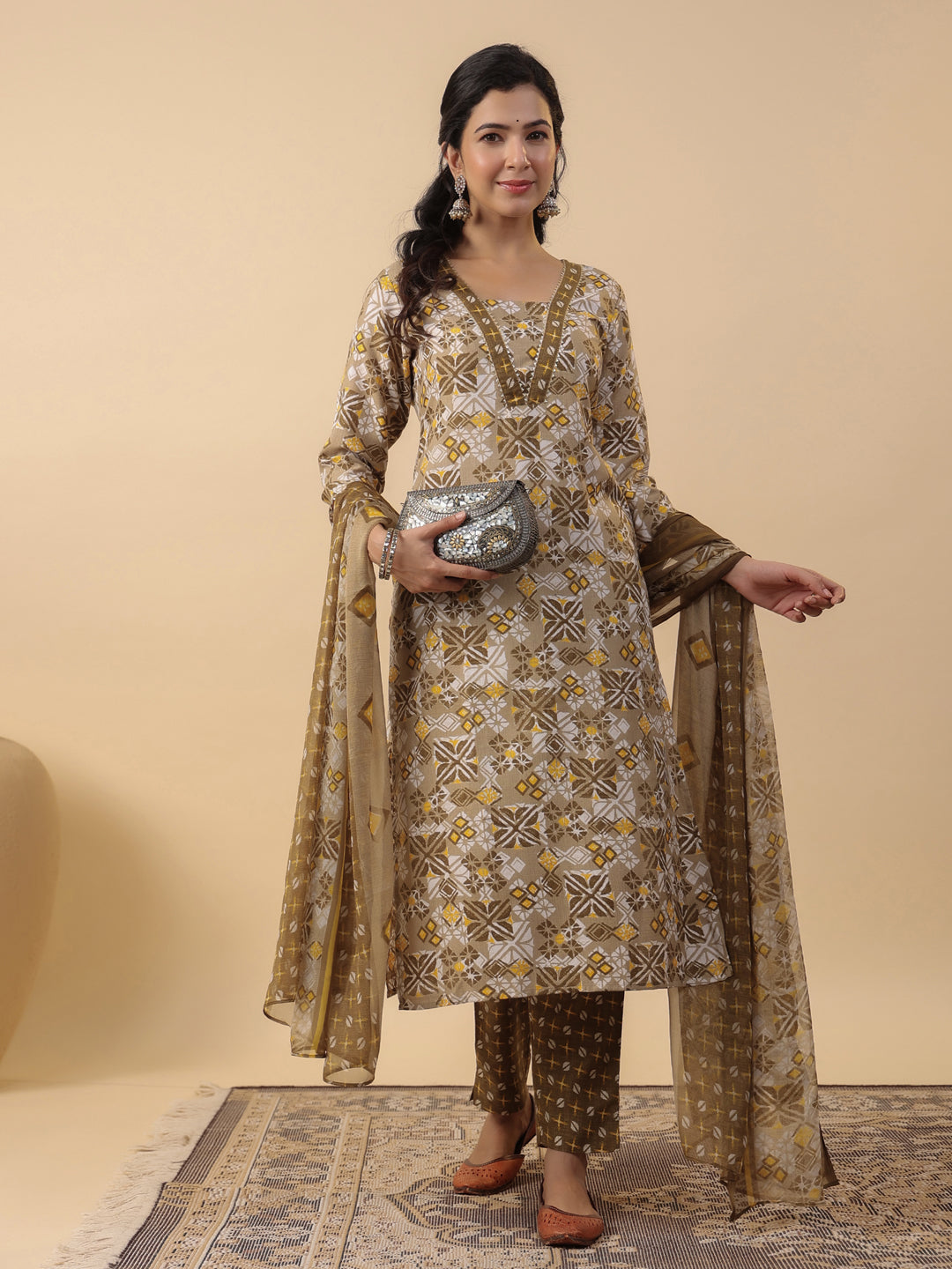 Janasya Regular Biscuit Slub Beige Gemometric Square Neck Kurta,Bottom & Dupatta - Distacart