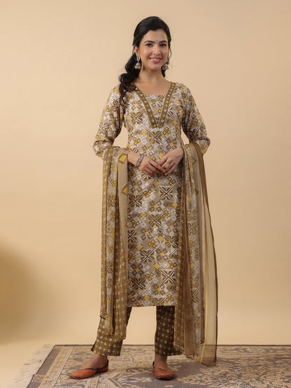 Janasya Regular Biscuit Slub Beige Gemometric Square Neck Kurta,Bottom & Dupatta - Distacart