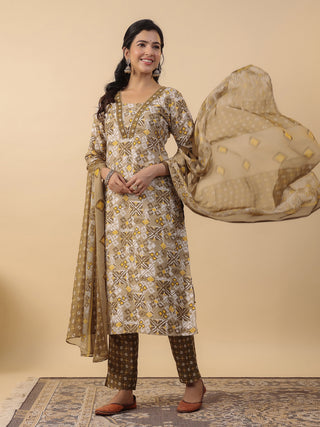 Janasya Regular Biscuit Slub Beige Gemometric Square Neck Kurta,Bottom & Dupatta - Distacart