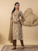 Janasya Regular Biscuit Slub Beige Gemometric Square Neck Kurta,Bottom & Dupatta - Distacart