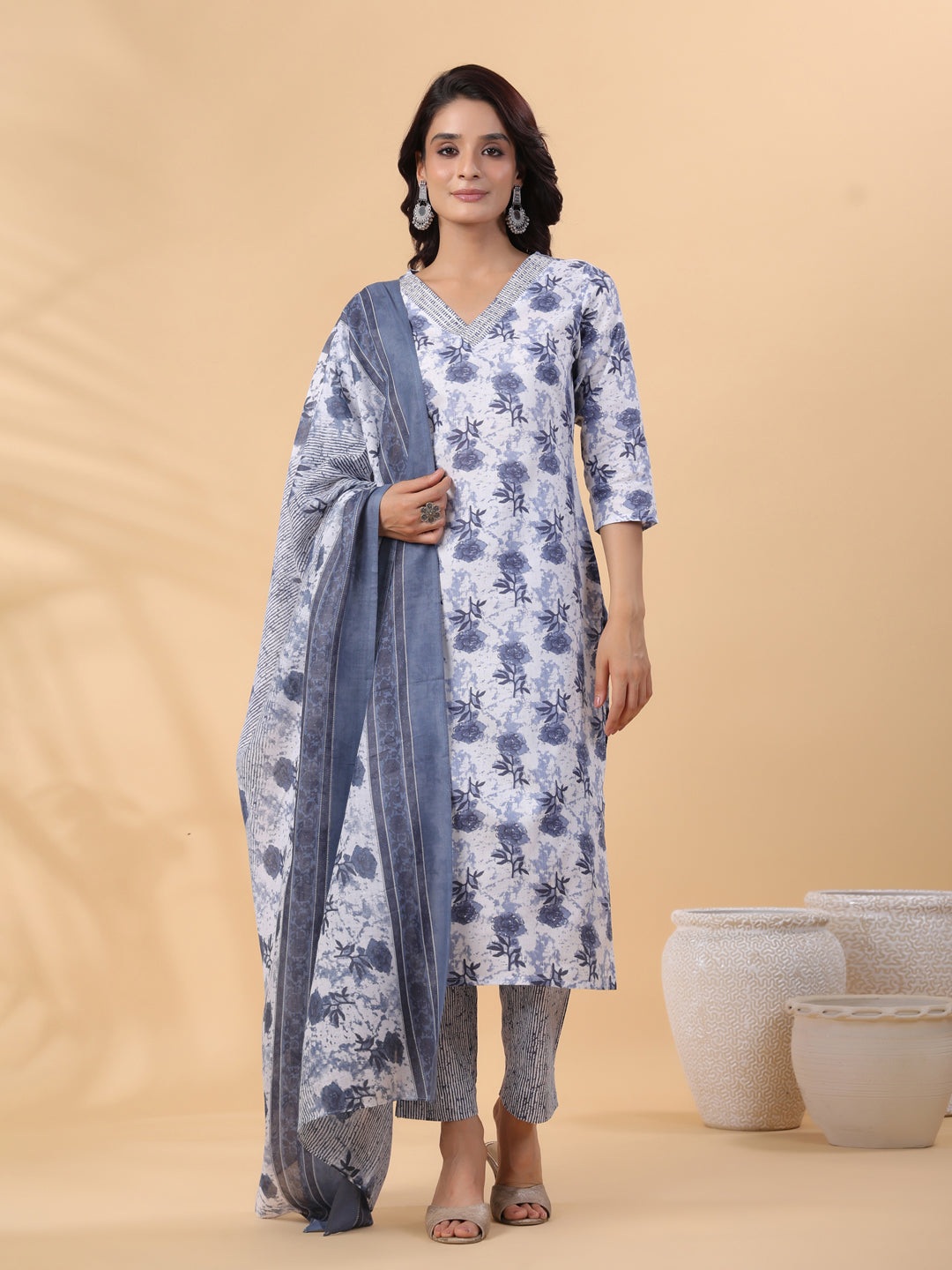 Janasya Regular Magics Slub White Floral V-Neck Kurta,Bottom & Dupatta - Distacart