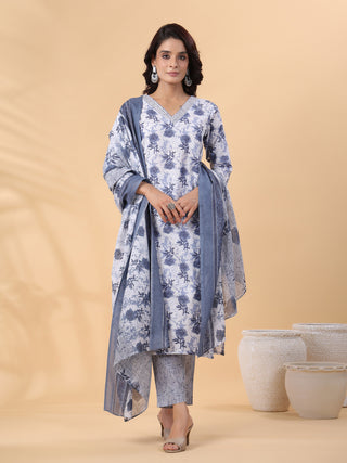 Janasya Regular Magics Slub White Floral V-Neck Kurta,Bottom & Dupatta - Distacart