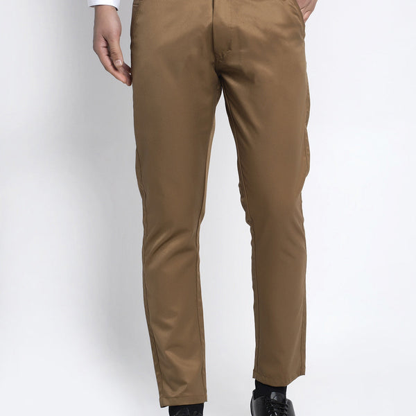 Jainish Men's Brown Tapered Fit Formal Trousers - Distacart