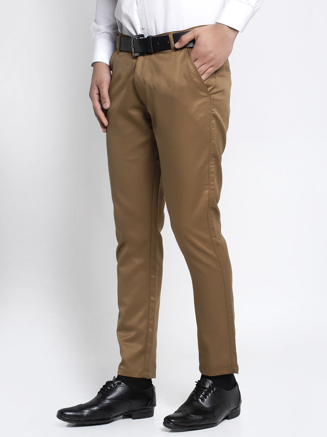 Jainish Men's Brown Tapered Fit Formal Trousers - Distacart