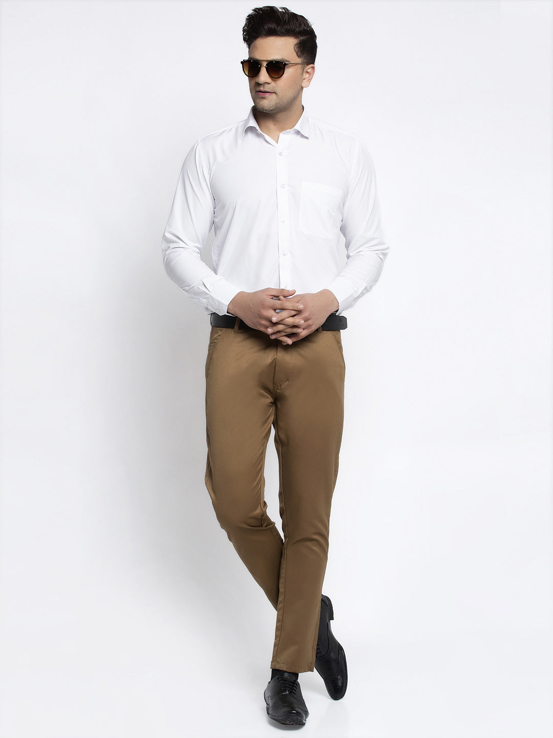 Jainish Men's Brown Tapered Fit Formal Trousers - Distacart