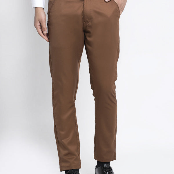 Jainish Men's Brown Tapered Fit Formal Trousers - Distacart