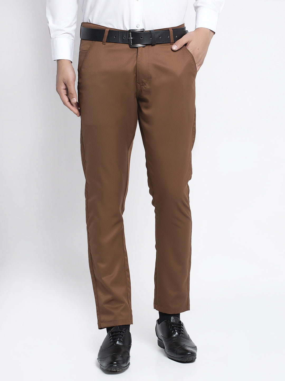 Jainish Men's Brown Tapered Fit Formal Trousers - Distacart