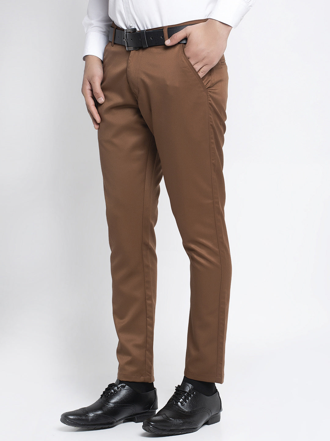 Jainish Men's Brown Tapered Fit Formal Trousers - Distacart