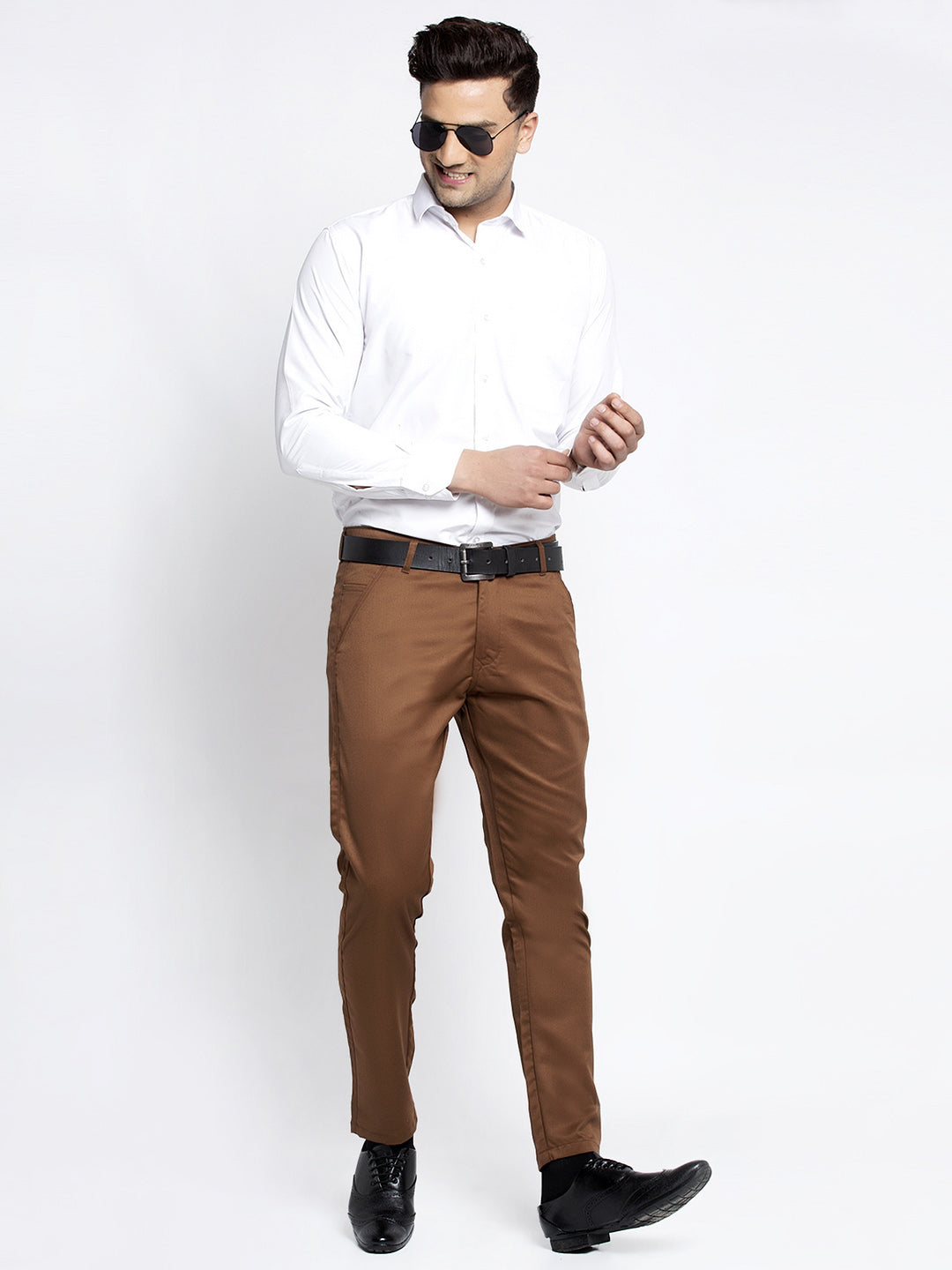 Jainish Men's Brown Tapered Fit Formal Trousers - Distacart