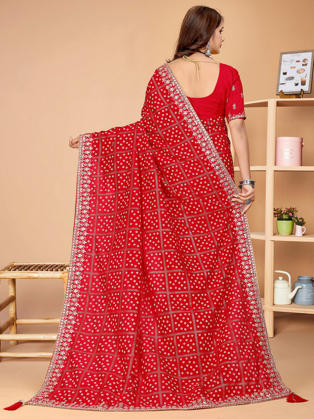 NOZ2TOZ Women's Vichitra Silk Red Embellished Designer Saree With Blouse Piece - Distacart