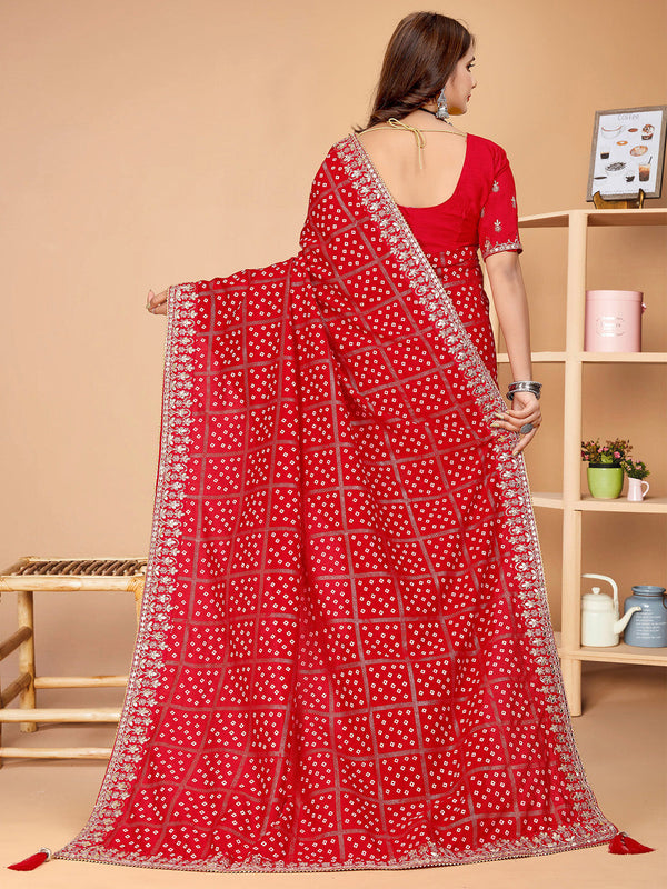 NOZ2TOZ Women's Vichitra Silk Red Embellished Designer Saree With Blouse Piece - Distacart
