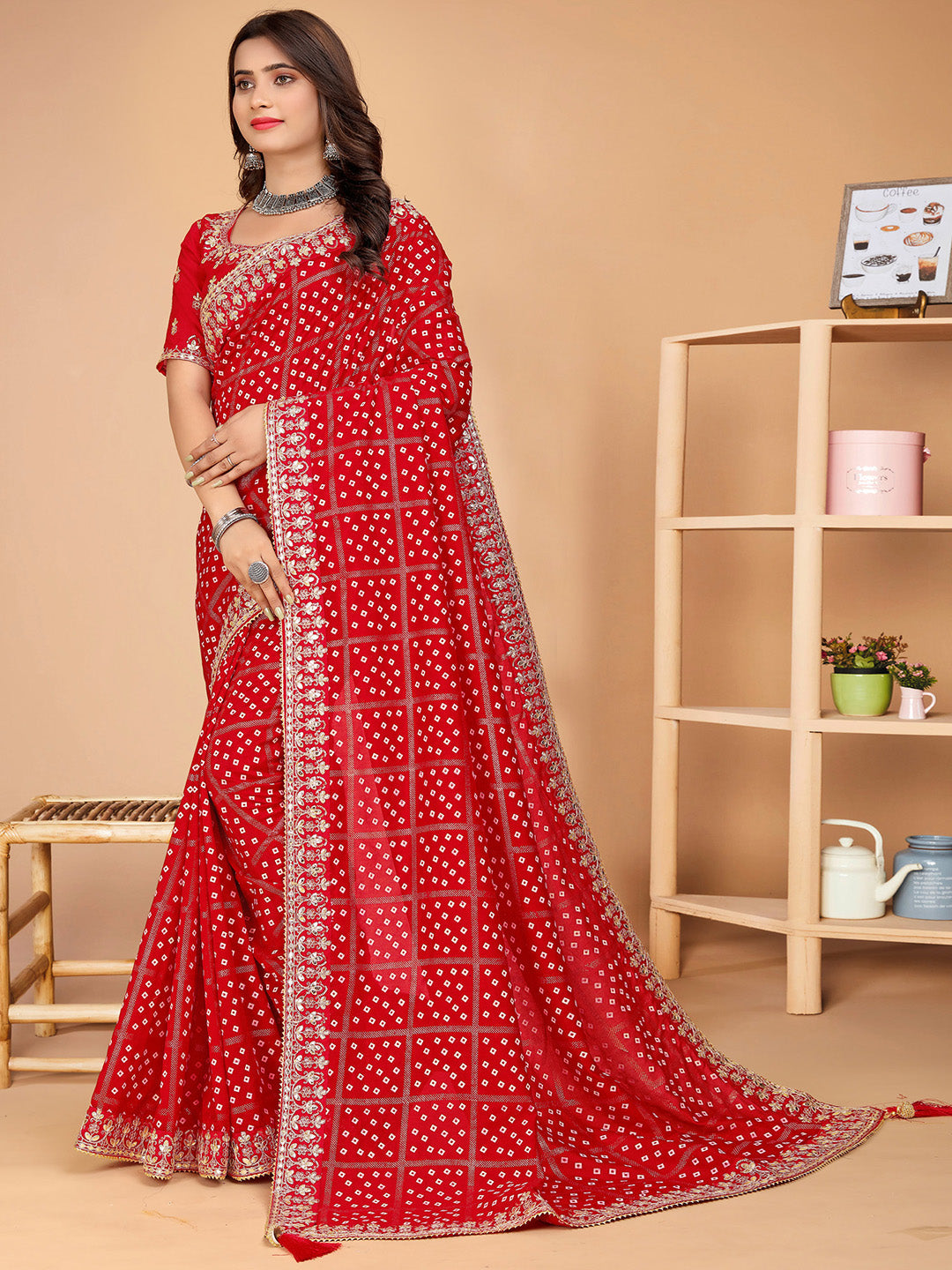 NOZ2TOZ Women's Vichitra Silk Red Embellished Designer Saree With Blouse Piece - Distacart