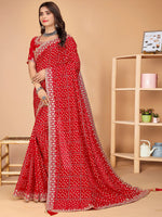 Thumbnail for NOZ2TOZ Women's Vichitra Silk Red Embellished Designer Saree With Blouse Piece - Distacart
