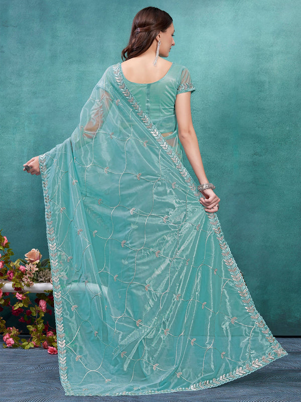 NOZ2TOZ Women's Organza Turquoise Embellished Designer Saree With Blouse Piece - Distacart